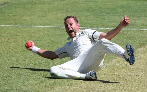 Neil Wagner takes a catch to dismiss David Warner.