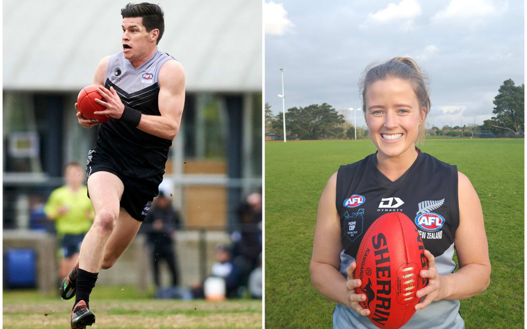 AFL NZ Falcons captain Andy Howison and NZ Kahu captain Liv Waldron.