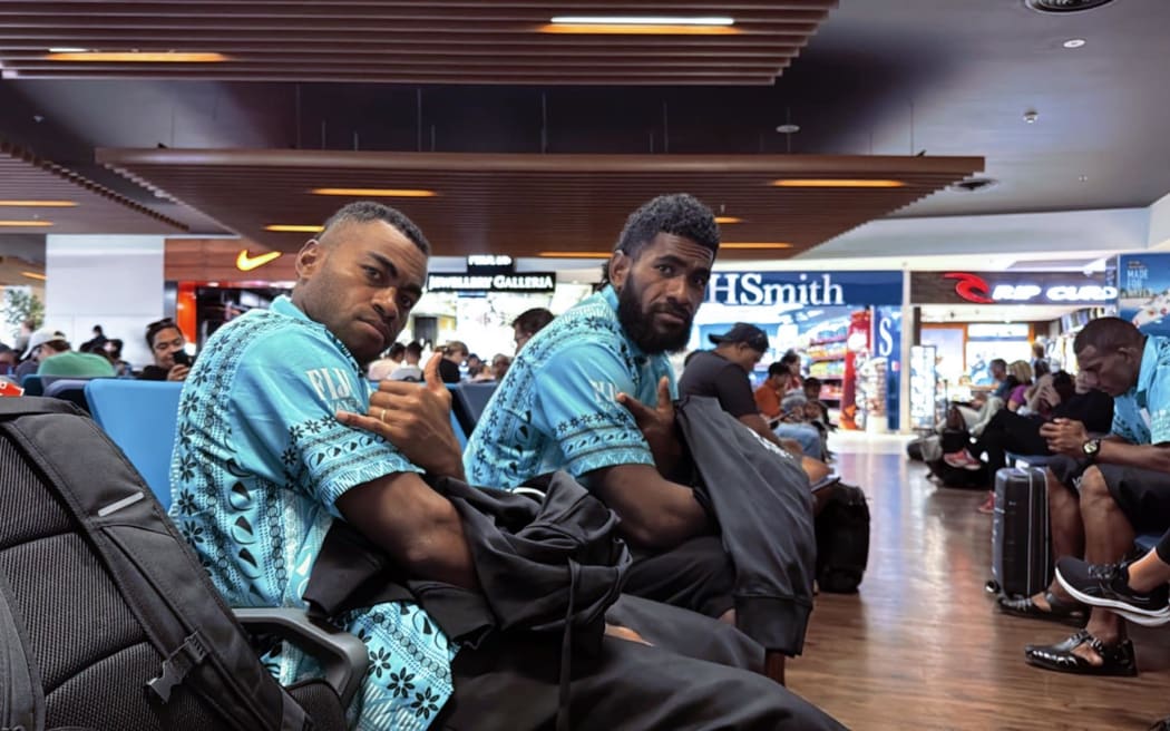 Fiji men's sevens team reps Vuiviwa Naduvalo (left) and George Bese at Nadi International Airport ready for depart for Perth on Monday. The two will play for Fiji at the Perth Sevens this weekend. Photo: Fiji Rugby