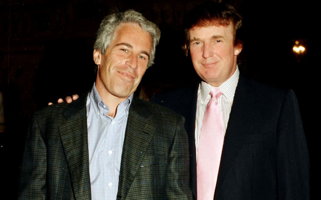 Portrait of American financier Jeffrey Epstein (left) and real estate developer Donald Trump as they pose together at the Mar-a-Lago estate, Palm Beach, Florida on February 22, 1997.