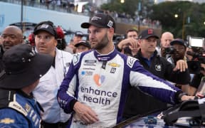 CHICAGO, IL - JULY 02: Shane van Gisbergen (#91 Trackhouse Racing Enhance Health Chevrolet) celebrates a victory with his team for the NASCAR Cup Series Grant Park 220 on July 02, 2023, at the Chicago Street Course in Chicago, IL. (Photo by John Smolek/Icon Sportswire/ www.photosport.nz