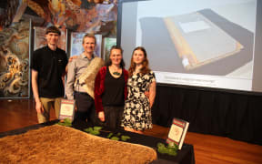 Ross with his wife Ariana Tikao, daughter Matahana and son Tama-te-ra, at the launch of He Pukapuka Tātaku i ngā Mahi a Te Rauparaha Nui/A Record of the Life of the Great Te Rauparaha at Te Papa in November 2020