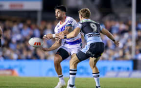 Shaun Johnson passes. Cronulla Sharks v One NZ Warriors. NRL Rugby League, PointsBet Stadium, NSW, Australia, Saturday 31st August 2024, Copyright Photo: David Neilson / www.photosport.nz