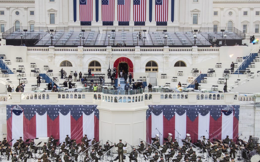 Preparations are made prior to a dress rehearsal ahead of the 59th Inaugural Ceremonies on the West Front at the U.S. Capitol on January 18, 2021 in Washington, DC.