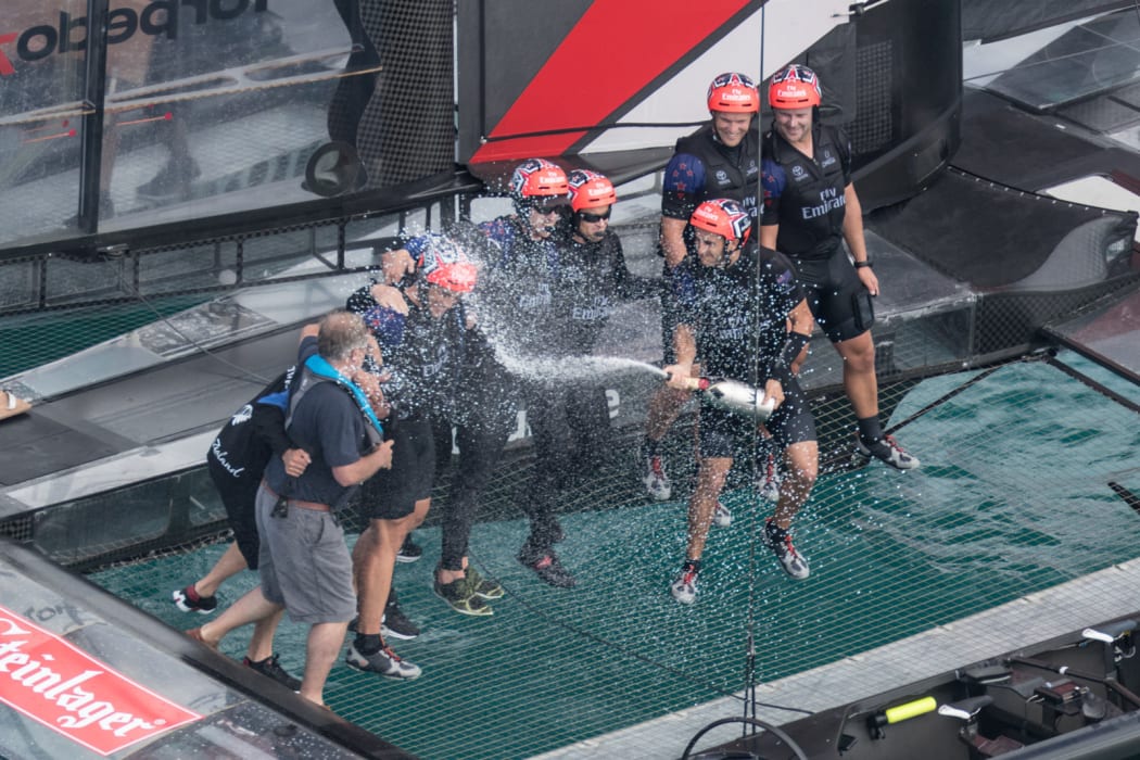 Team New Zealand celebrate their victory as they now head into the finals. Louis Vuitton America's Cup Challenger Playoffs Finals, Day 3 , Day 3.