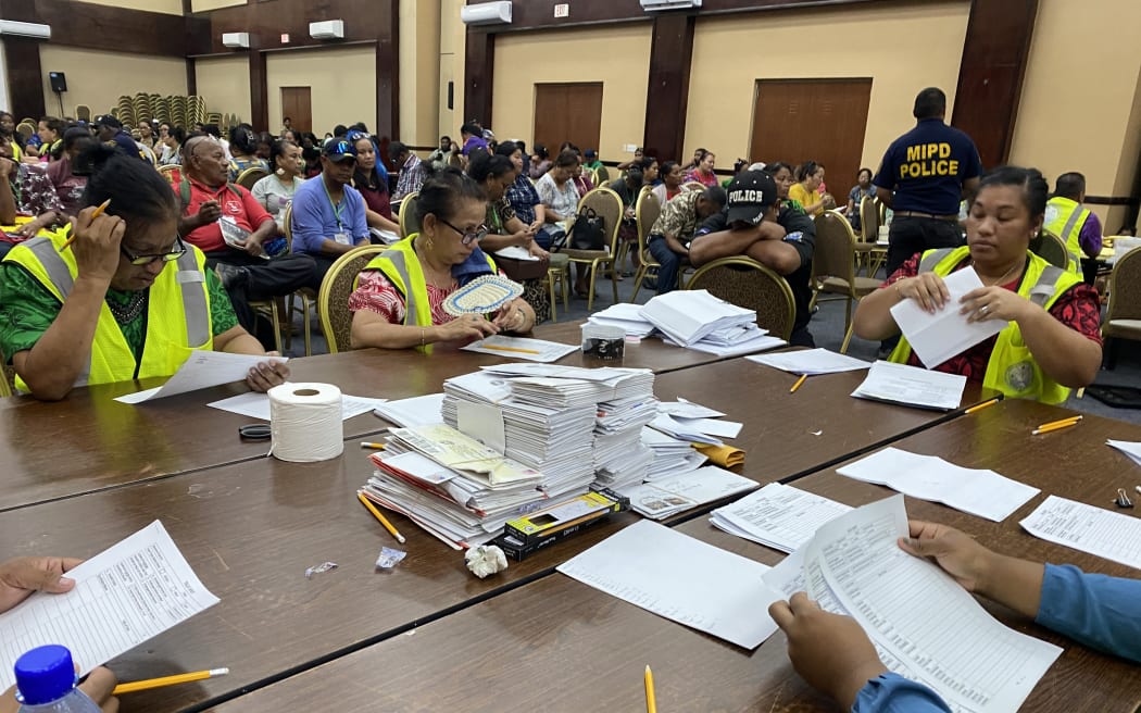 Marshall Islands election workers tabulated about 1,400 postal absentee ballots from December 4-6 at the government's International Conference Center. Photo: Hilary Hosia.