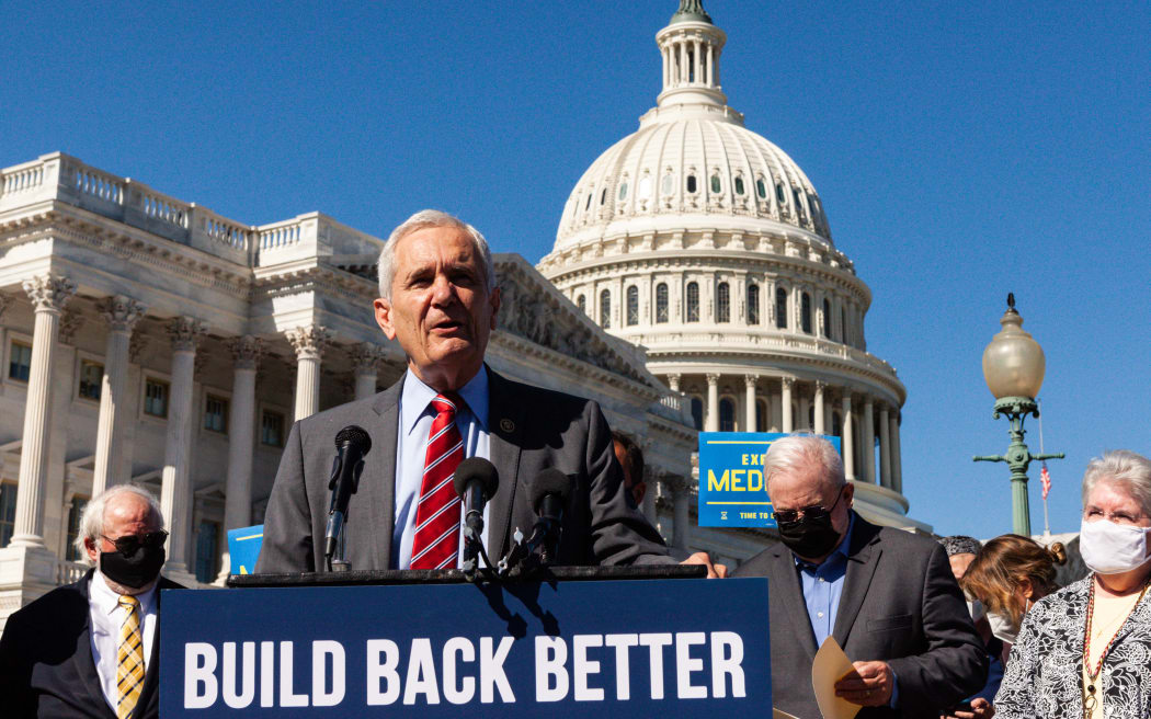 Congressman Lloyd Doggett speaks during a press conference by House Speaker Nancy Pelosi and other Democratic Representatives with leaders of many faiths on the Build Back Better Act on 20 October, 2021.