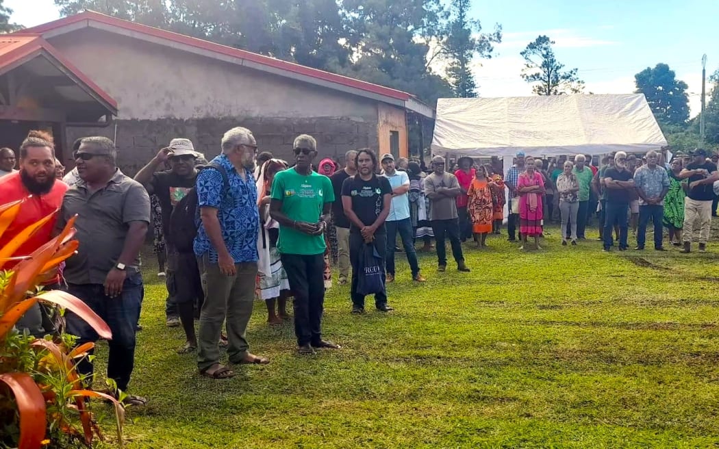 Union Calédonienne President Emmanuel Tjibaou [blue shirt] and other participants at the pro-independence FLNKS convention in Yaté, New Caledonia on 26 April 2025 – PHOTO RRB