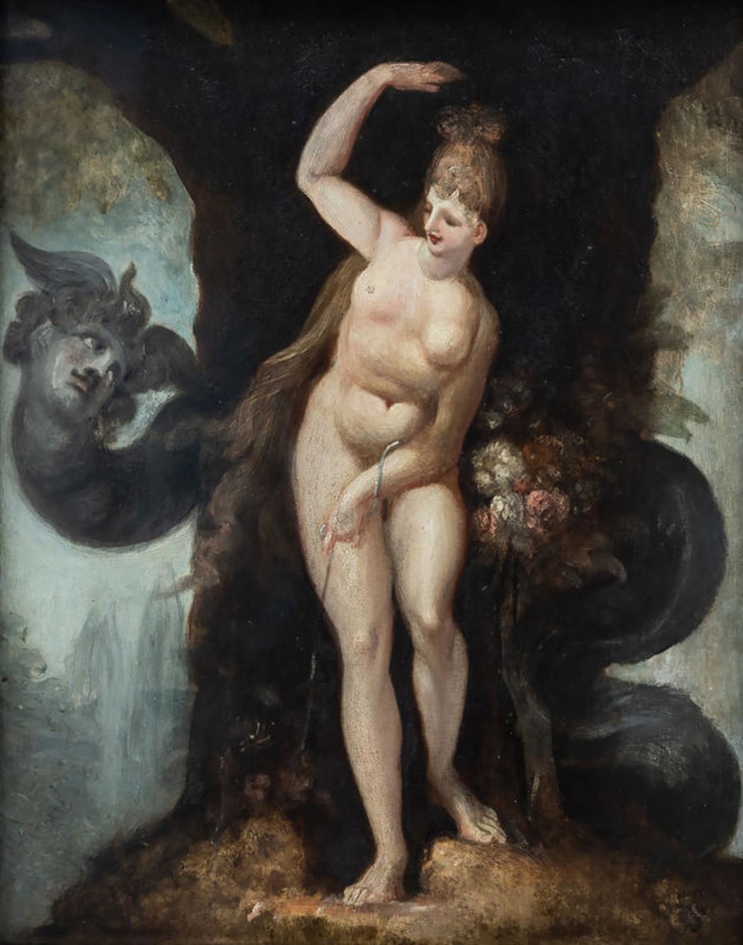 A painting showing a woman in front of a tree, gazing at a large animated head, which is cowling around the tree and staring at her longingly.
