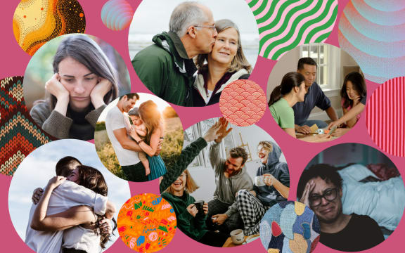 A collage made of bubbles with images and patterns inside them.