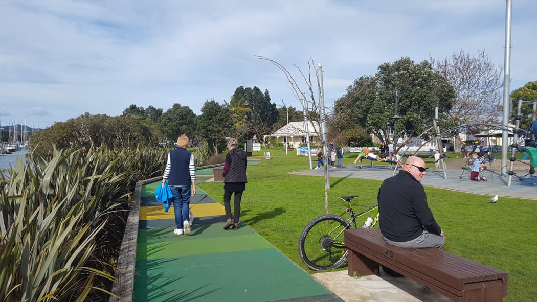 The Town Basin Playground in Whangarei is situated between a river on one side and a car park on the other.