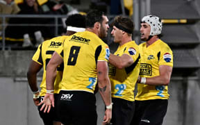 Peter Lakai of the Hurricanes celebrates his try during the Super Rugby Pacific clash with Moana Pasifika at Sky Stadium.