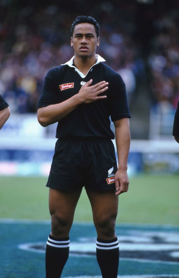 Jonah Lomu sings the national anthem. Rugby Union. New Zealand v France, second test, Jonah Lomu's second test for the All Blacks, All Blacks lost 23-20. 3 July 1994.