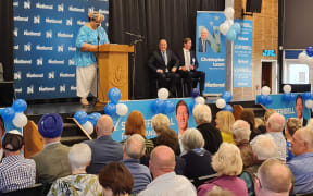 National Party leader Christopher Luxon and candidate Sam Uffindell (right, onstage) at the Tauranga by-election launch.