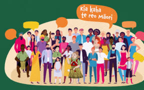A diverse collection of people celebrating te reo Maori.