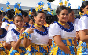 The Tongan group from Auckland Girls Grammar School get ready for the big stage on day 4 of Polyfest.