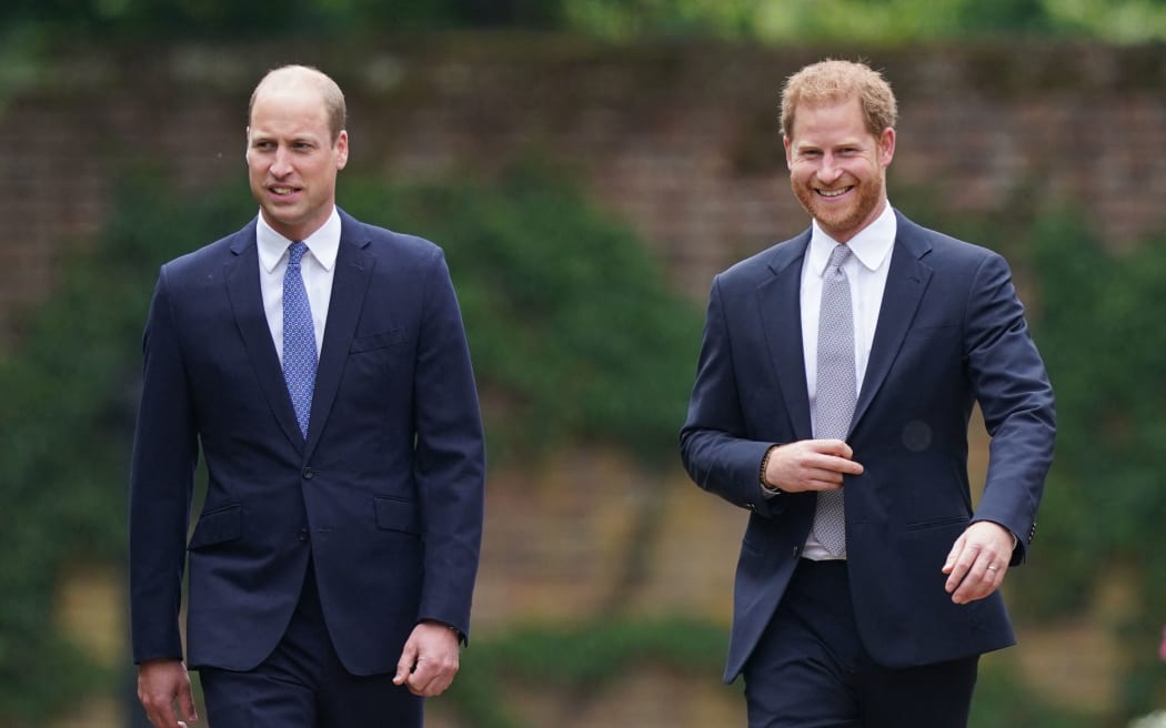 Prince William, Duke of Cambridge, left, and Prince Harry, Duke of Sussex arrive for the unveiling of a statue of their late mother, Princess Diana at The Sunken Garden in Kensington Palace, London on 1 July, 2021, which would have been her 60th birthday.