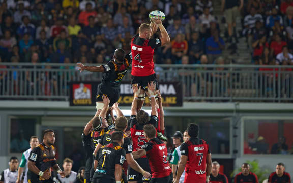 Crusaders lock Luke Romano wins a lineout against the Chiefs in their Super Rugby match in Suva earlier this year.