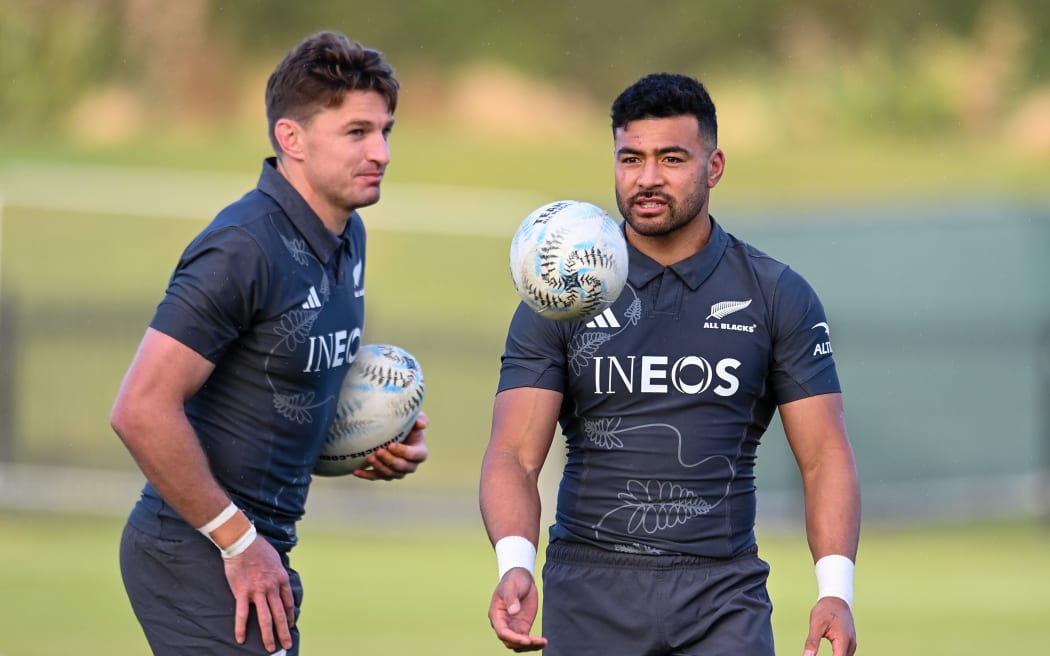 Richie Mo'unga (R) with Beauden Barrett during the All Blacks training session at Nga Puna Wai, Christchurch, New Zealand. 3rd August 2023. © Copyright photo: John Davidson / www.photosport.nz