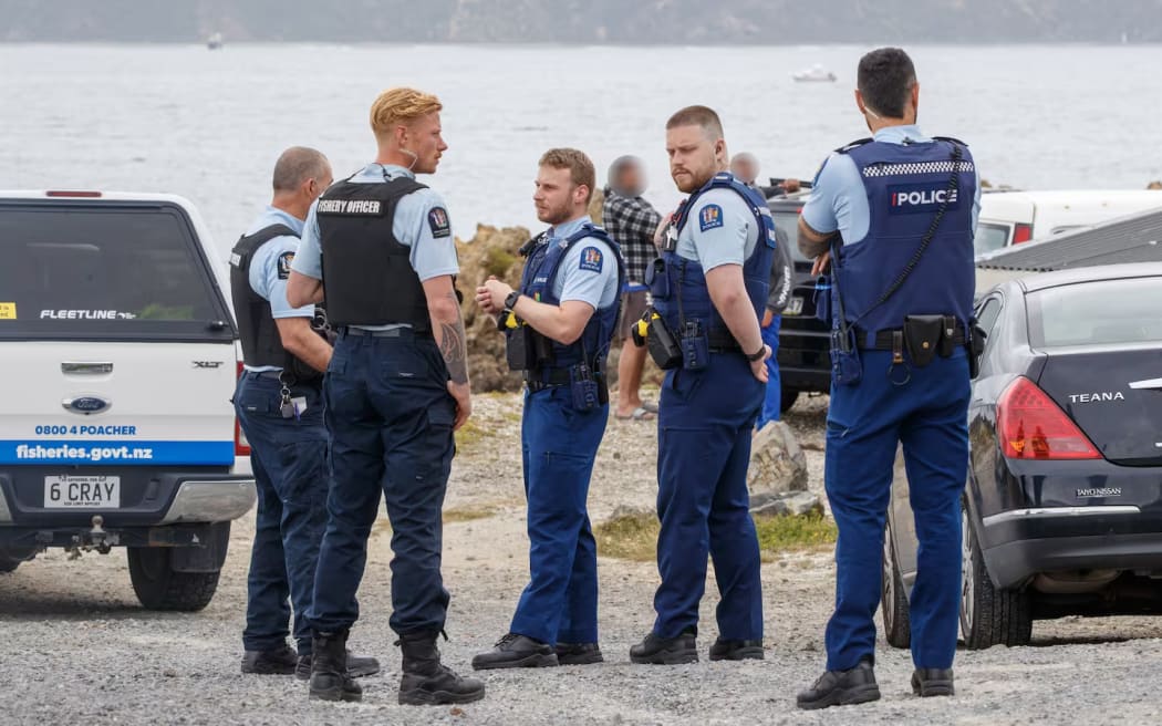 The Fisheries officers speak with police who they called for assistance after finding a man suspected of having undersize pāua on Wellington's south coast.