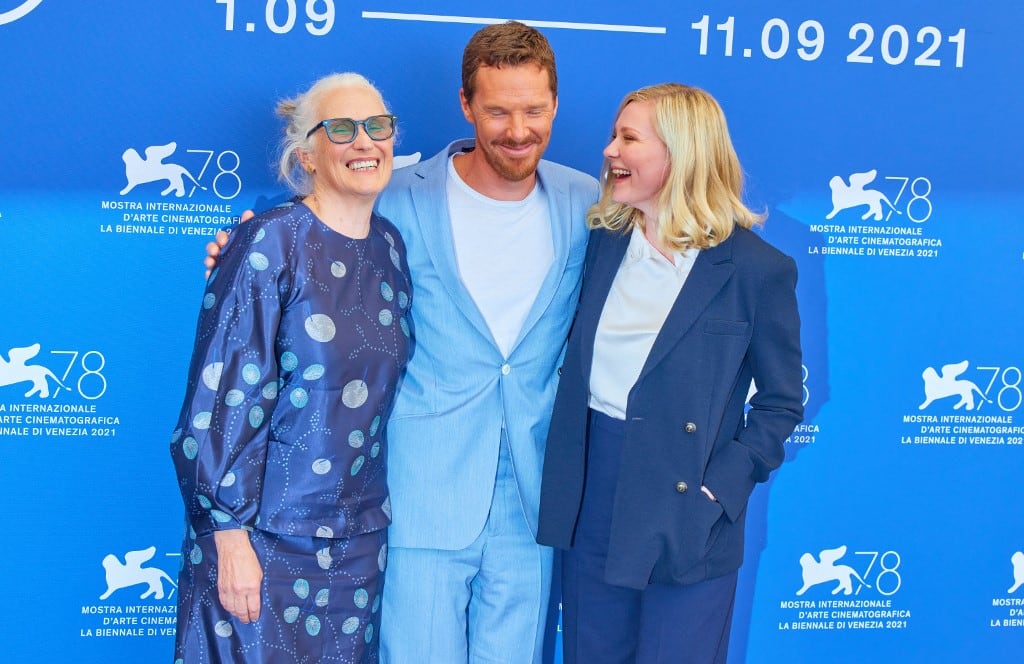 Jane Campion, Benedict Cumberbatch and Kirsten Dunst at the Venice Film Festival where Campion's "Power of the Dog" has won Best Director.