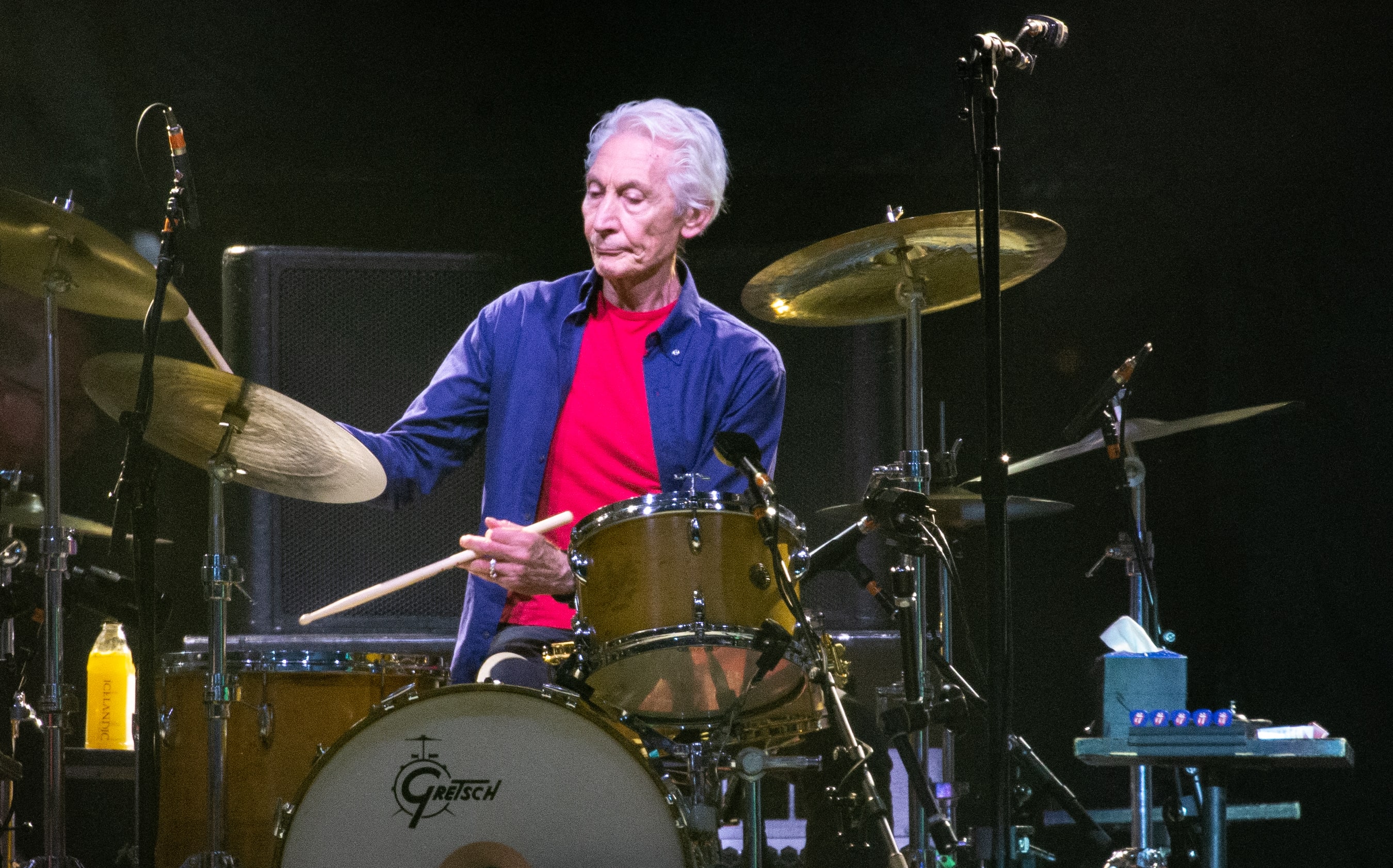 Rolling Stones drummer Charlie Watts performs on stage during their "No Filter" tour at NRG Stadium in Houston, Texas, July 2019.
