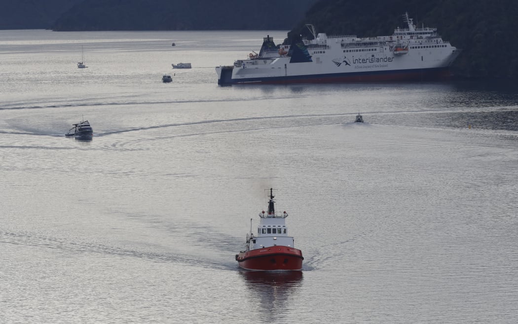The tug, Monowai, returning to port after a failed attempt to refloat the Interislander ferry on the morning of June 22.