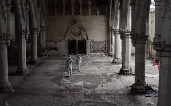 Christ Church Cathedral Reinstatement Project site manager Gary Davidson and senior engineer Peter Carney venture inside the collapsed building on 16 August 2022.