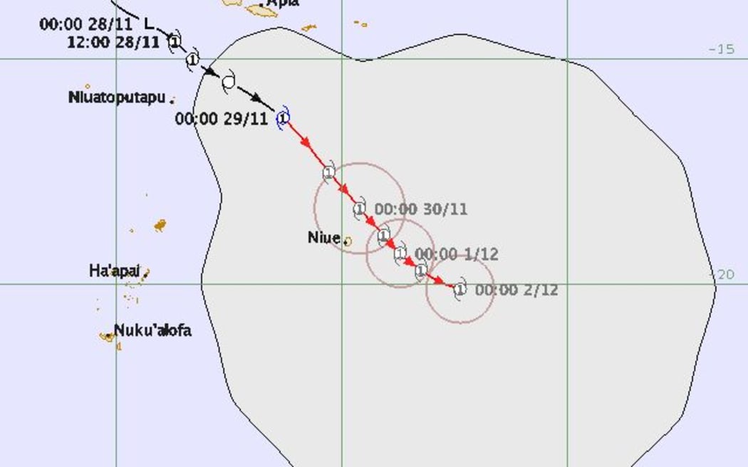 A forecast of Cyclone Tuni's predicted path by Niue on Sunday night.