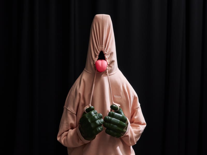A faceless character in a hooded sweatshirt has a large plastic tongue and chunky green hands like The Incredible Hulk.