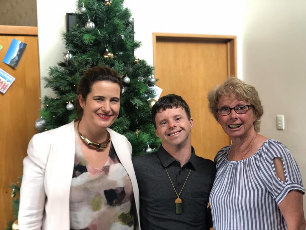 Tim Fairhall with his mother Joan Fairhall and National MP Nicola Willis, who has supported the law change allowing those with congenital disorders to access their KiwiSaver funds before age 65.