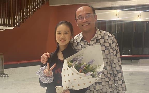 National Concerto Comp winner for 2023 Yuzhang Wu (pianist) with her teacher Jian Liu looking happy!