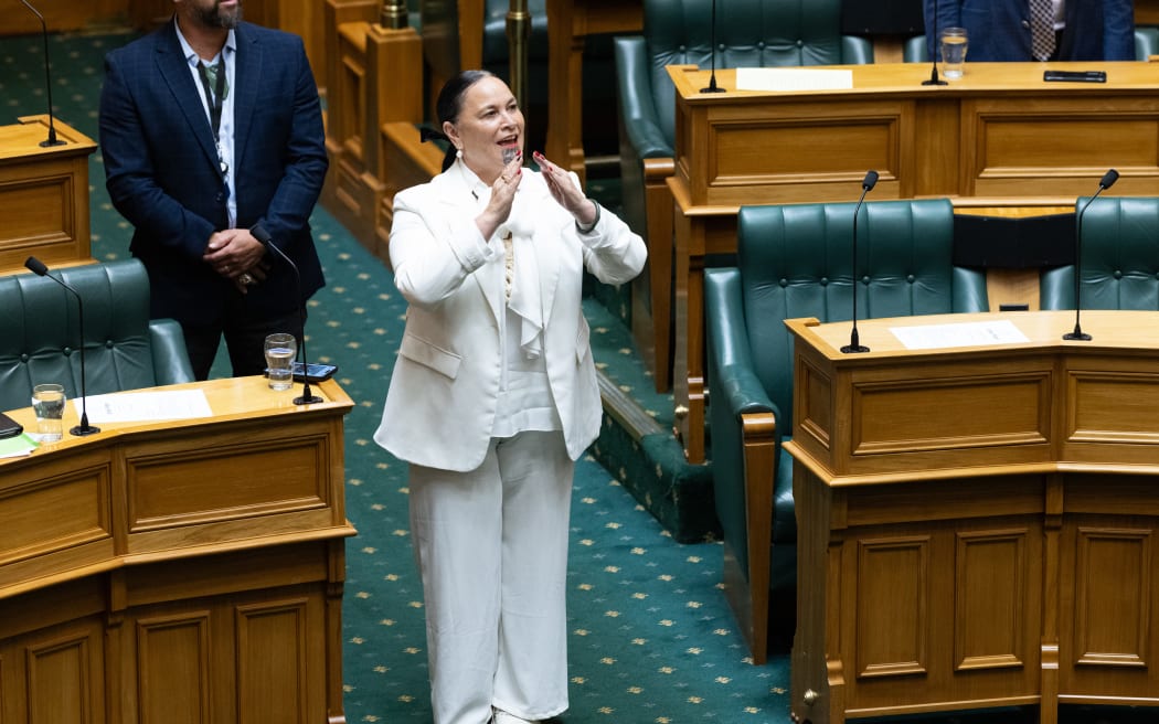 From the floor of the House Debbie Ngarewa-Packer joins Taranaki Iwi in the galleries as they sing in celebration of the passing of the Taranaki Maunga restitution bill.