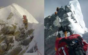 British mountaineer Tim Mosedale's post on Facebook that the step was gone (left) and an image of the step (right).