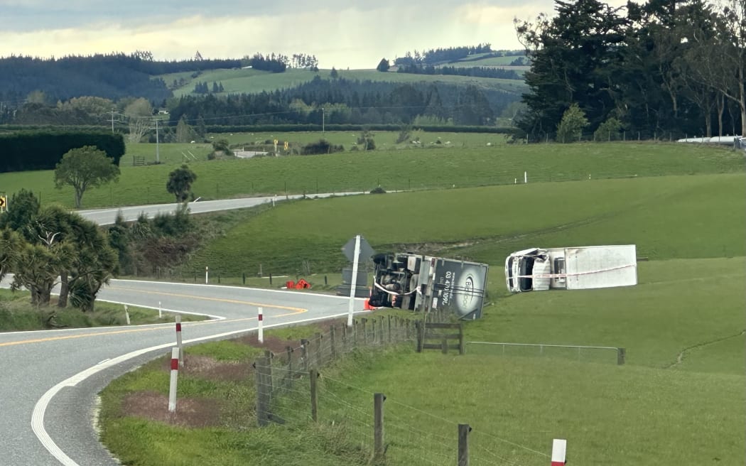 Two overturned trucks on the state highway between Balclutha and Dunedin after Thursday's wild weather.