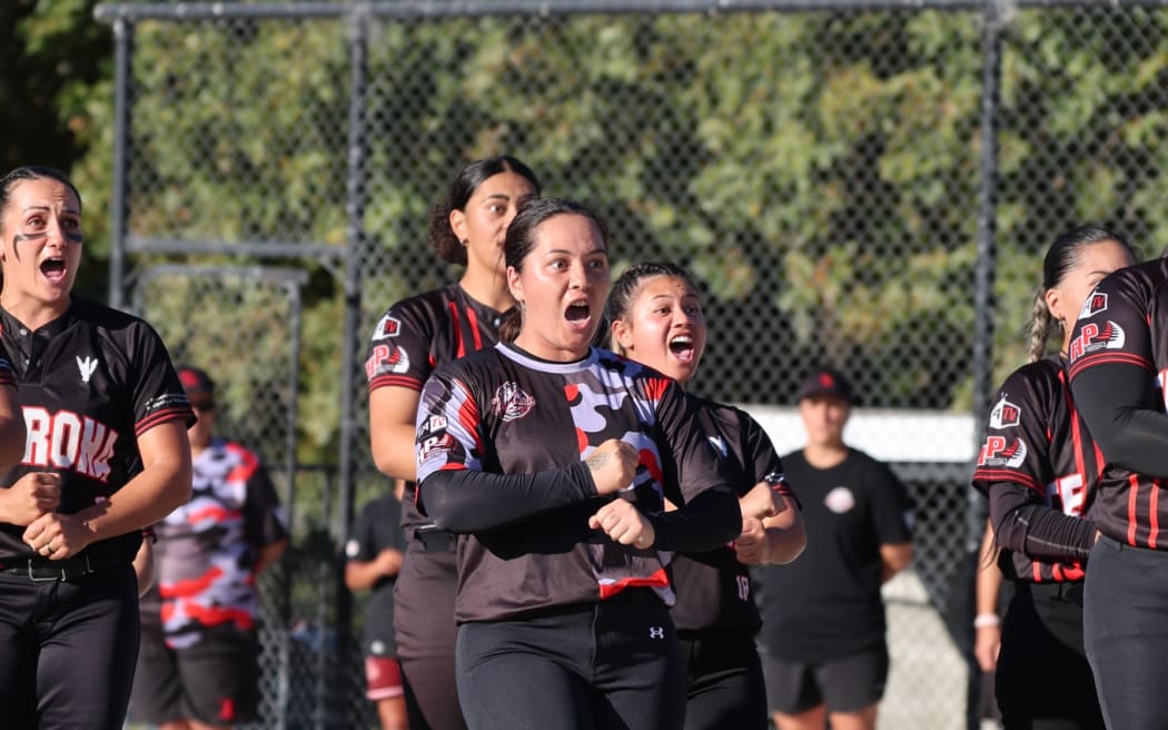 Rongomai Luke-Royal, premier pitcher for Te Aroha, leads their teams haka 'Te Aroha' at Softball New Zealands Open Women Club Nationals, March 2025.