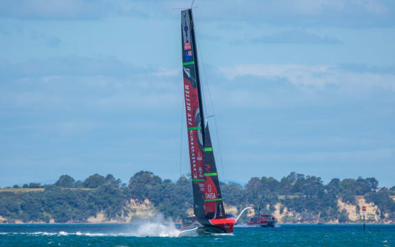 Emirates Team New Zealand's AC75 Te Rehutai returns from training on the Waitemata Harbour, Auckland, Thursday 28 January 2021.