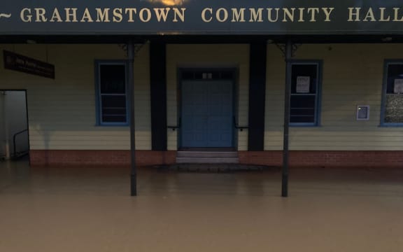 Pic from morning of Feb 14. Main Street of Thames has flooded aftetr a night of heavy rain brought by Cyclone Gabrielle.