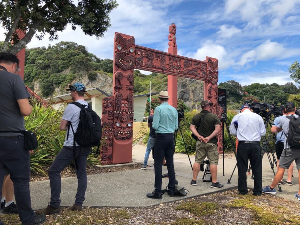 Media outside Te Mānuka Tūtahi marae.