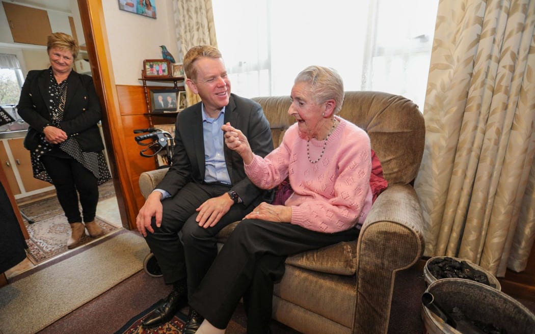 Labour leader Chris Hipkins meets with 91-year-old Nan Dixon, a long-time Labour supporter, while campaigning on the West Coast on 14 September, 2023.