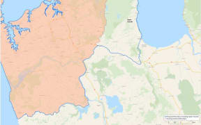 A map of the northern Hauraki area covered by the "bespoke" lockdown, to the left of the main Auckland boundary and outlined in blue.