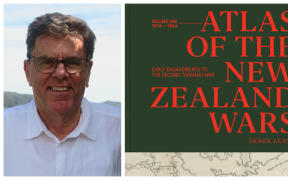 Authro Derek Leask and the front cover of his book - Atlas of the New Zealand Wars  Vo 1 1834-1864