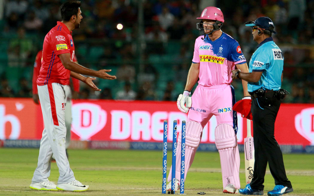 Ravichandran Ashwin of the Kings XI Punjab dismisses Jos Buttler of the Rajasthan Royals by a controversial 'mankad'.