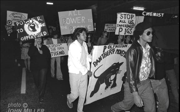 The Polynesian Panthers at a prtest rally in the 1970s.