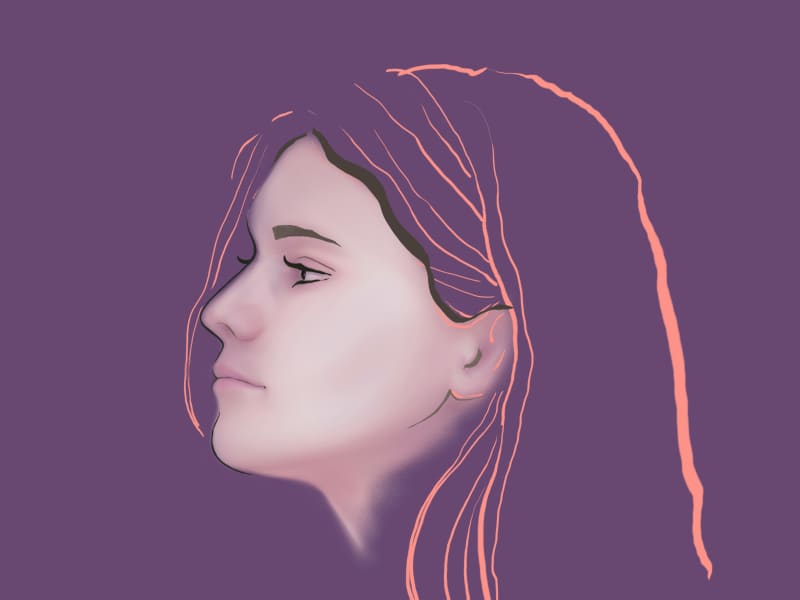 A illustration of a blank-faced girl in profile against a purple background.