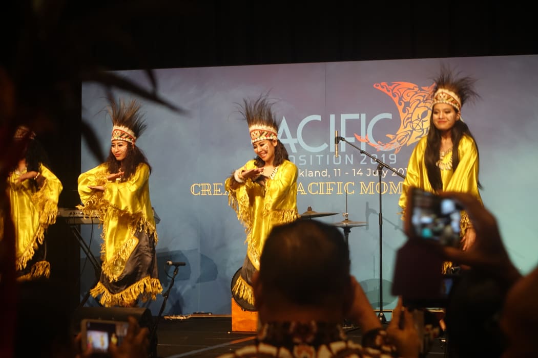 Traditional "Papuan" dancers perform at the Pacific Expo in Auckland, 13 July 2019