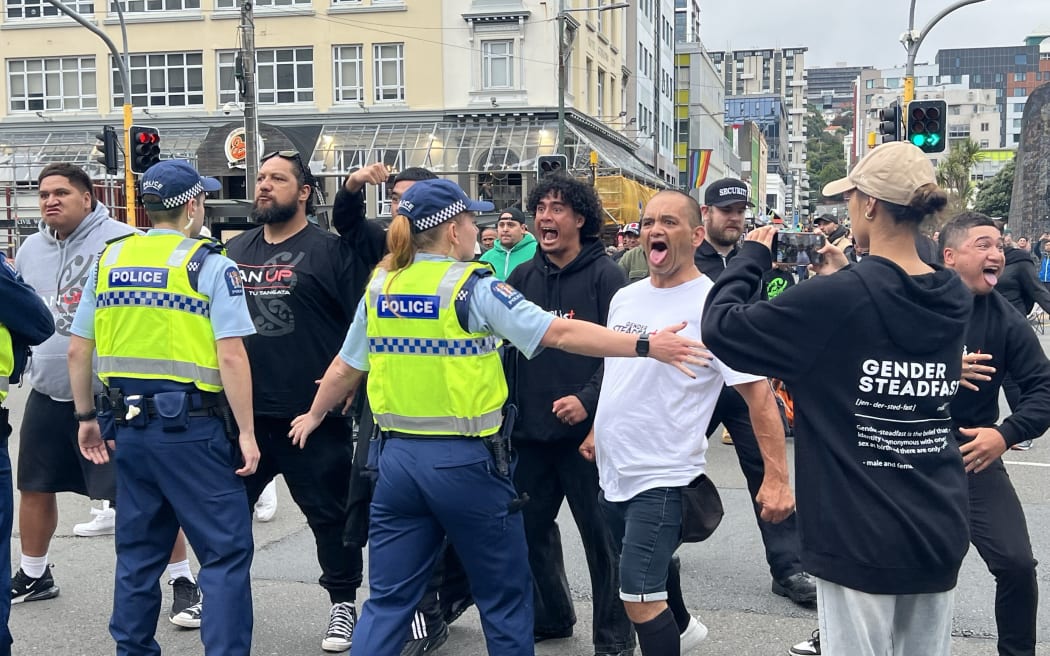 Protesters at the Wellington Pride Parade.