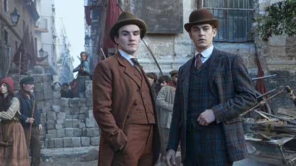 Dónal Finn as James Moriarty and Hero Fiennes Tiffin as Sherlock Holmes in Young Sherlock.
