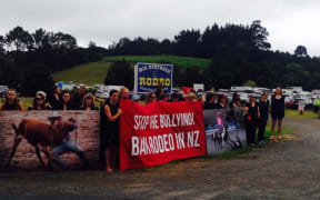 Protesters gather outside Whangarei Rodeo.