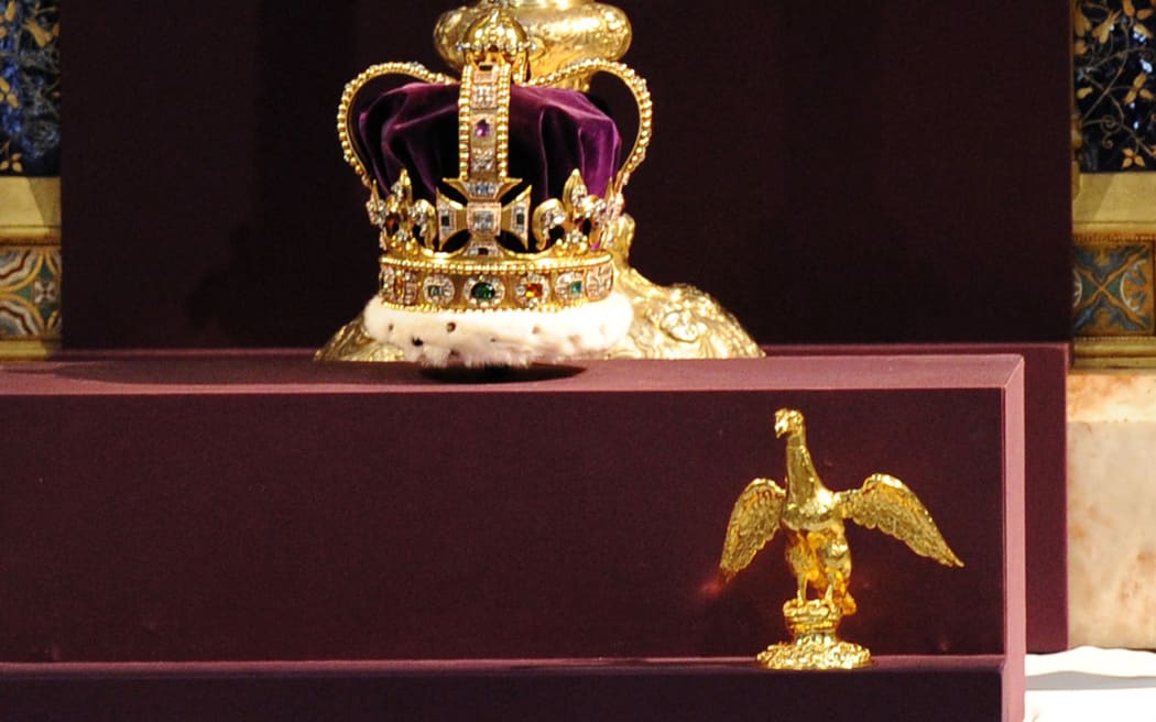 St Edward's Crown is displayed during  the service to celebrate the 60th anniversary of the Coronation of Queen Elizabeth II at Westminster Abbey in London on June 4, 2013.   Queen Elizabeth II marked the 60th anniversary of her coronation with a service at Westminster Abbey filled with references to the rainy day in 1953 when she was crowned.  AFP PHOTO/POOL/ Anthony Devlin (Photo by Anthony Devlin / POOL / AFP)